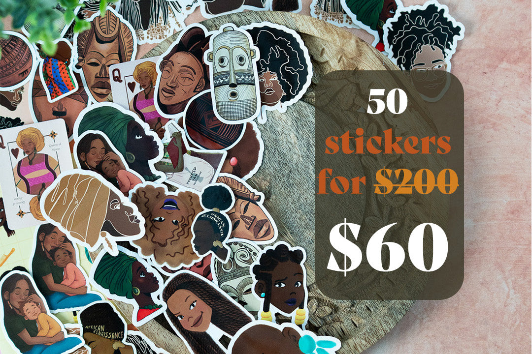 A collection of 50 die-cut stickers featuring diverse cartoon-style portraits of Black women, styled on a textured pink stone surface with a green plant leaf in the corner. A dark brown promotional label on the right reads '50 stickers for $200 $60'.