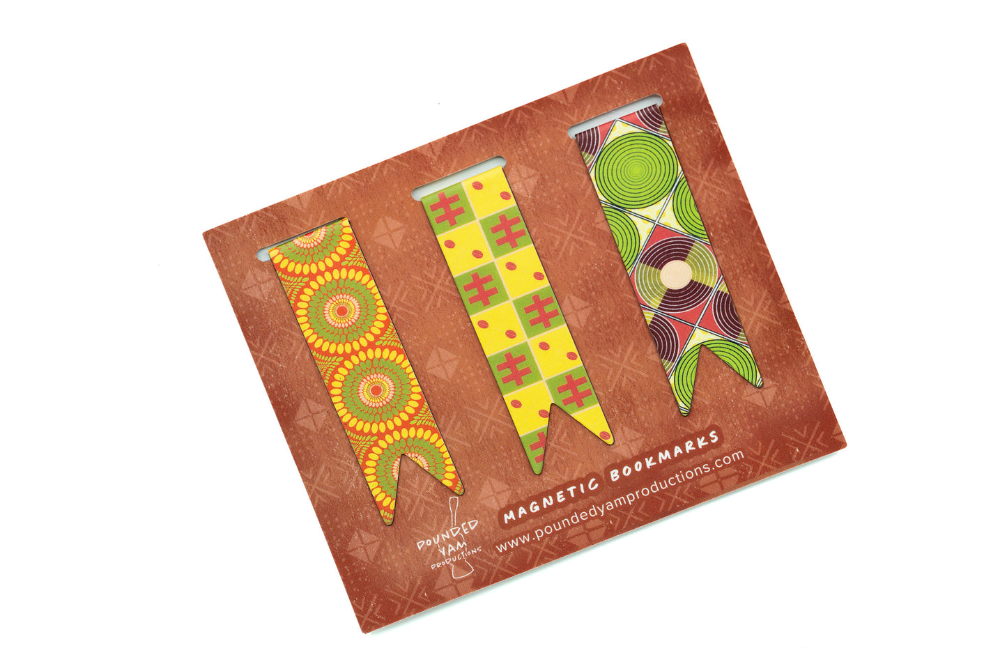 African Print Magnetic Bookmark Set - (Cowries, Discs, Bloom) - Pounded Yam Productions