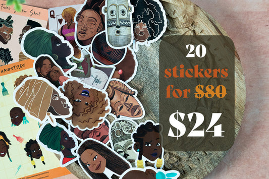 A set of 20 illustrated stickers featuring diverse Black and Brown faces, hair, and accessories, displayed on a rustic wood slice with a promotional text overlay that reads '20 stickers for $80 $24'.