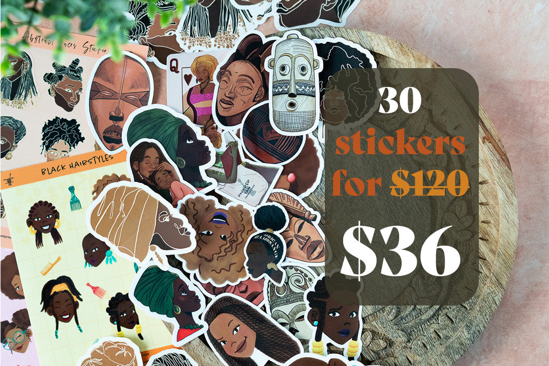 A collection of illustrated stickers featuring Black and African American faces, hairstyles, and cultural symbols, arranged on a textured surface with a plant leaf in the corner and a promotional text overlay reading '30 stickers for $120 $36'.