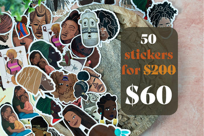 A collection of 50 die-cut stickers featuring diverse cartoon-style portraits of Black women, styled on a textured pink stone surface with a green plant leaf in the corner. A dark brown promotional label on the right reads '50 stickers for $200 $60'.