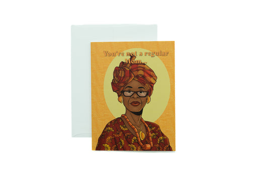 Greeting card with illustration of a woman wearing a headscarf and glasses, with text on a white background.