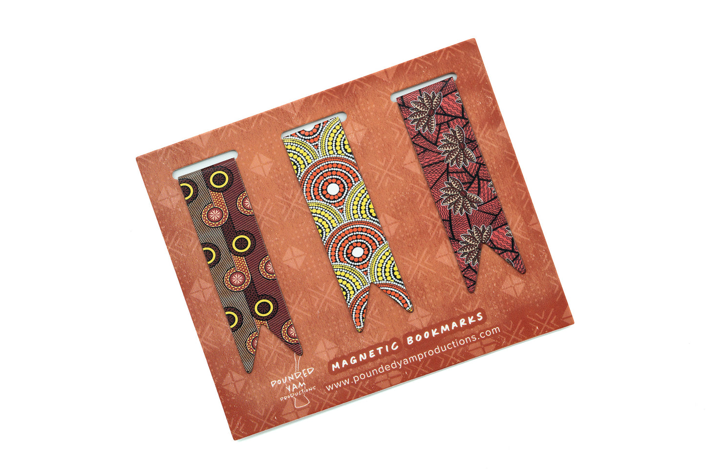 African Print Magnetic Bookmark Set - (Red Blossom, BP, Red and Yellow) - Pounded Yam Productions
