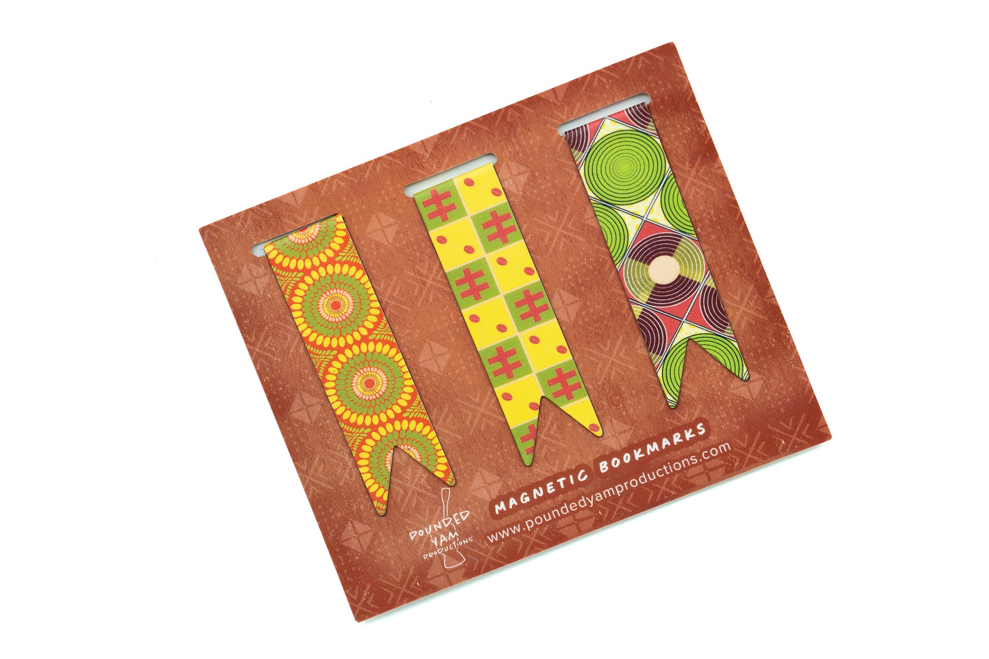 African Print Magnetic Bookmark Set - (Cowries, Discs, Bloom) - Pounded Yam Productions
