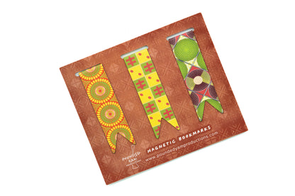African Print Magnetic Bookmark Set - (Cowries, Discs, Bloom) - Pounded Yam Productions