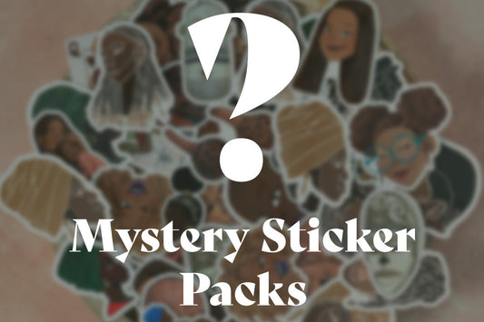 A cluster of die-cut stickers featuring  illustrated characters, with a large white question mark and the text 'Mystery Sticker Packs' overlaid on top. The background is a soft beige surface with a blurred green plant leaf in the top-left corner.